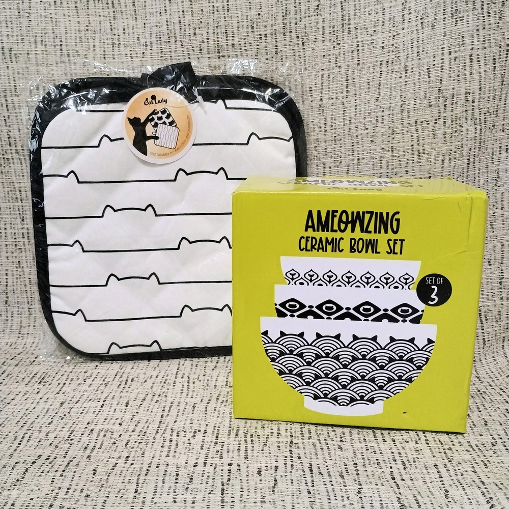 Cat Lady Box Ameowzing Ceramic Bowl Set of 3 and 2 Pot Holders Black White New